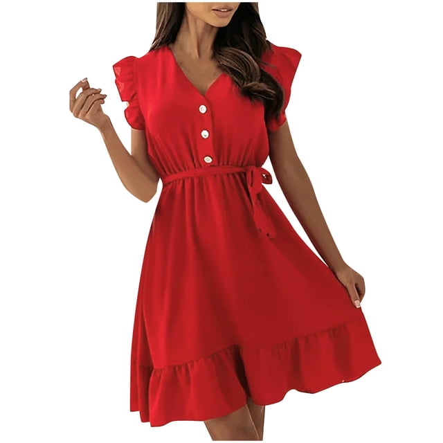 Robes Décontractées Offre du Jour! Aqestyerly Mode Femme Robe Courte Sans Manches Col en V Boutonnée Décorative avec Ceinture