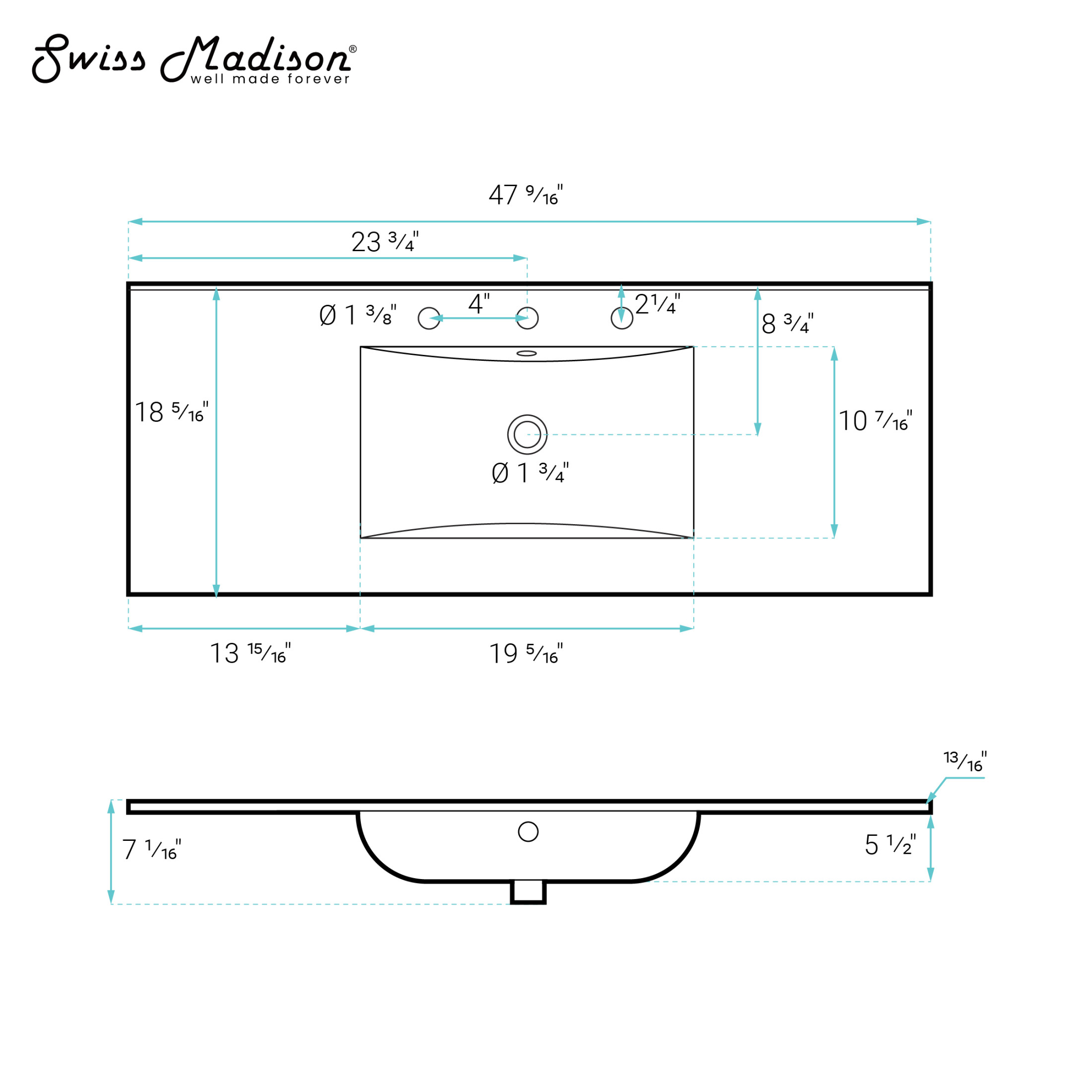 48" 3-Hole Widespread Vanity Sink Top in Glossy Black