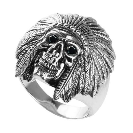 Sterling Silver Skull Ring with Native American Headdress