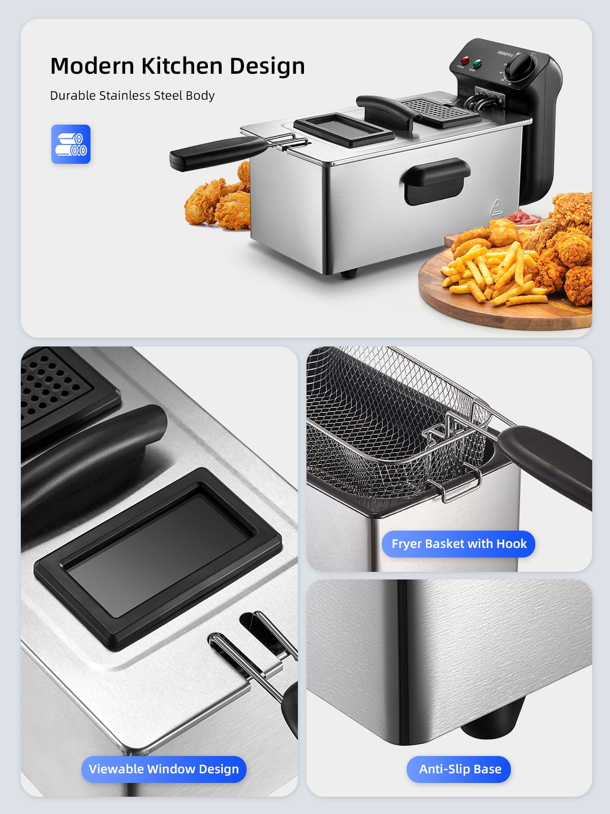 Electric Deep Fryer 3.2Qt Capacity, 1500 Watt Lid with Viewing Window and Odor Filter, Adjustable Temperature, Removable Frying Basket and Easy to Clean Stainless Steel Body, Silver
