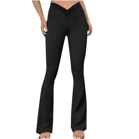Wyobmus Bell Bottom Leggings for Women High Waisted Stretchy Flare Pants Pull On Wide Leg Yoga Pants V Cross Tummy Control Flare Pants Black