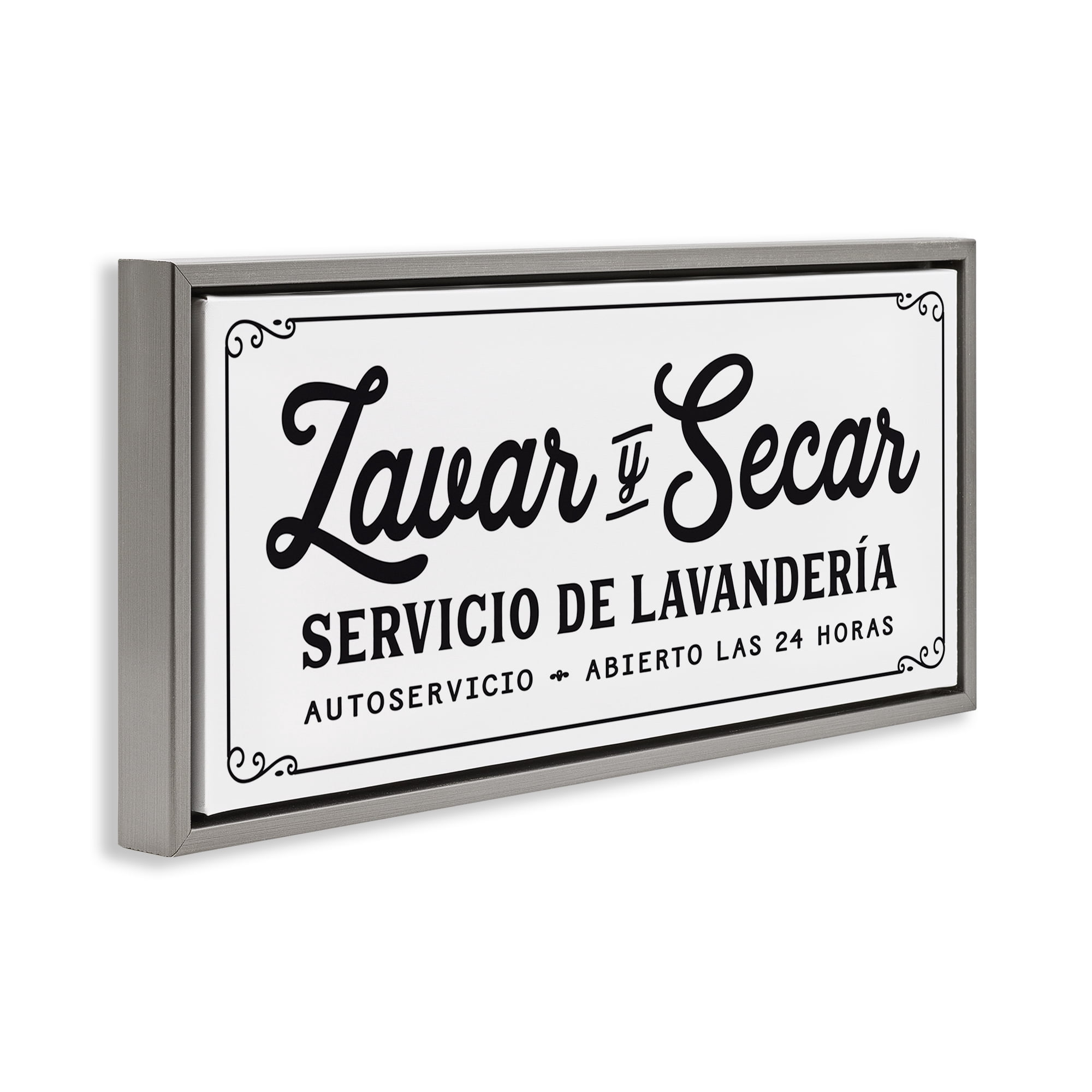 Stupell Industries Lavar y Secar Lavandería Abierto Bath & Laundry Painting Gray Floater Framed Art Print Wall Art, 25 x 11