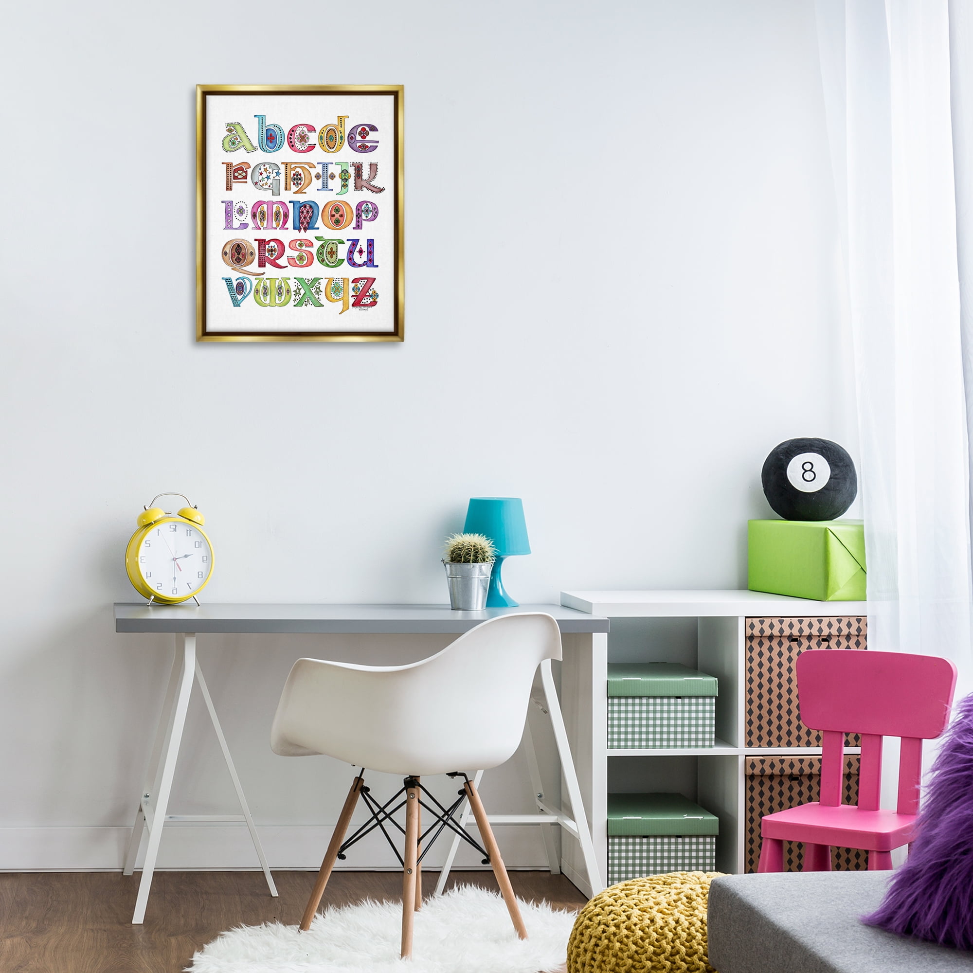 Stupell Industries Boho Whimsical Alphabet Novelty Painting Gold Floater Framed Art Print Wall Art, 17 x 21