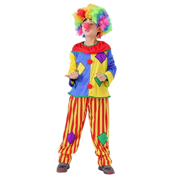 Vdoaml Toddler Boys Clown Halloween Costume Kids Long Sleeve Top Pants Wig and Red Nose Set for Festival Party L Yellow