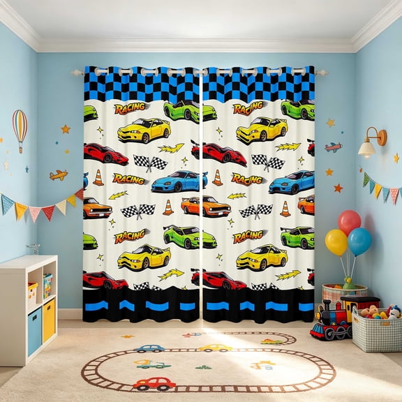 Erosebridal Cartoon Race Car Blackout Curtains, Colorful Window Curtains Pack of 2 (38x45 Each), Cream White