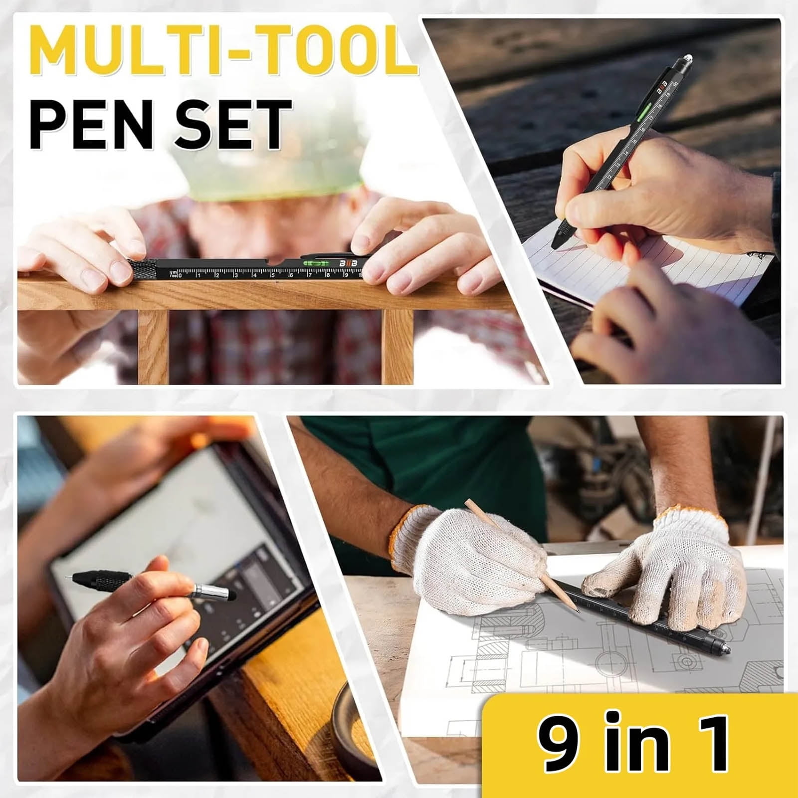 Coollooc One Pen Nine Functions -Christmas Gifts for Men, 9 in 1 Multitool Pen with LED Light, Cool Gadgets, Stocking Stuffers Gifts for Men, White Elephant Gifts for Adults(Yellow)