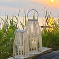 thumbnail image 2 of Key West Bamboo Hurricane Lanterns, Set of 2, White Metal Frame, Loop Handle, Floating Insert, 17.25, and 12.25 inches, Modern Tropical Design, 2 of 9