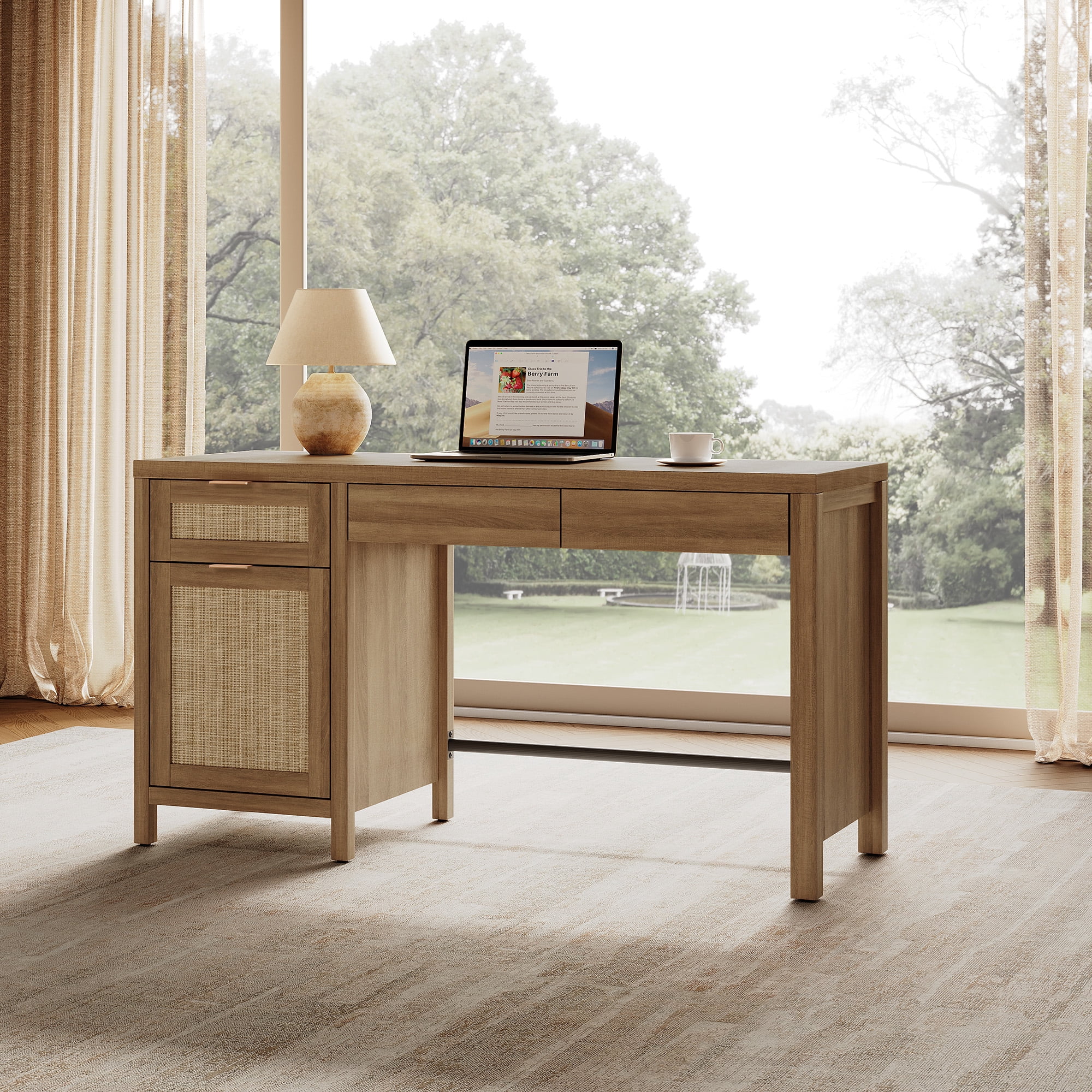 SICOTAS 55" Wide Farmhouse Writing Desk with Rattan Decor & Hidden Drawers–Spacious Desktop for Dual Monitors, Adjustable Shelf, Sturdy Engineered Wood, Boho Style for Home Office or Vanity