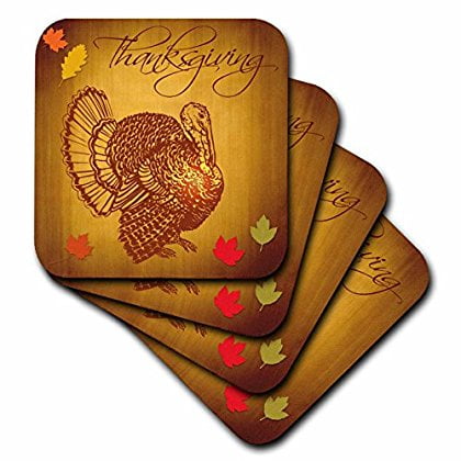 Diva Tile Coaster - 3dRose Thanksgiving Turkey and Fall Leaves, Ceramic Tile Coasters, set of 4