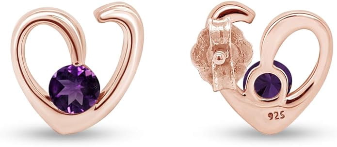 Guru Jewellers 925 Sterling Silver 1Ct Round Cut Amethyst Heart Shape Push Back Stud Earring's 14K Rose Gold Plated For Women's