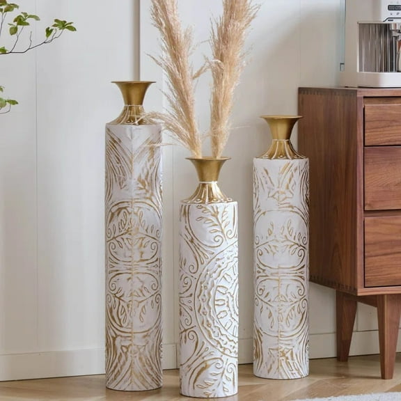 Handmade Ornate Metal Floor Vase, Gold Relief Medallion, Large Tall Flower Vase(Set Of 3)