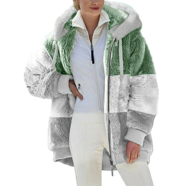 ZQGJB Reduce Womens Oversized Fuzzy Fleece Open Front Hooded Pockets Cardigan Jackets Loose Fit Sherpa Coat Color Block Print Winter Warm Plush Zip Outerwear (Purple#01 XL)