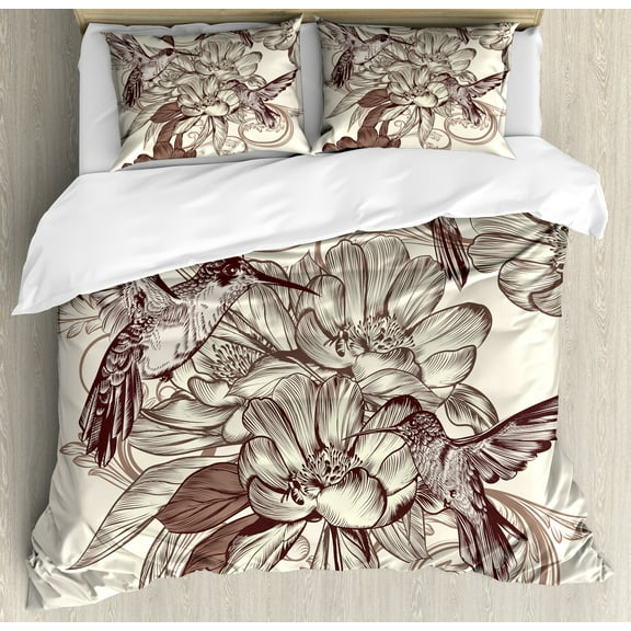 Hummingbirds Duvet Cover Set, Pattern with Birds and Flowers Classic Style Ornamental Design Floral Print, Decorative 3 Piece Bedding Set with 2 Pillow Shams, Calking Size, Ivory Brown, by Ambesonne