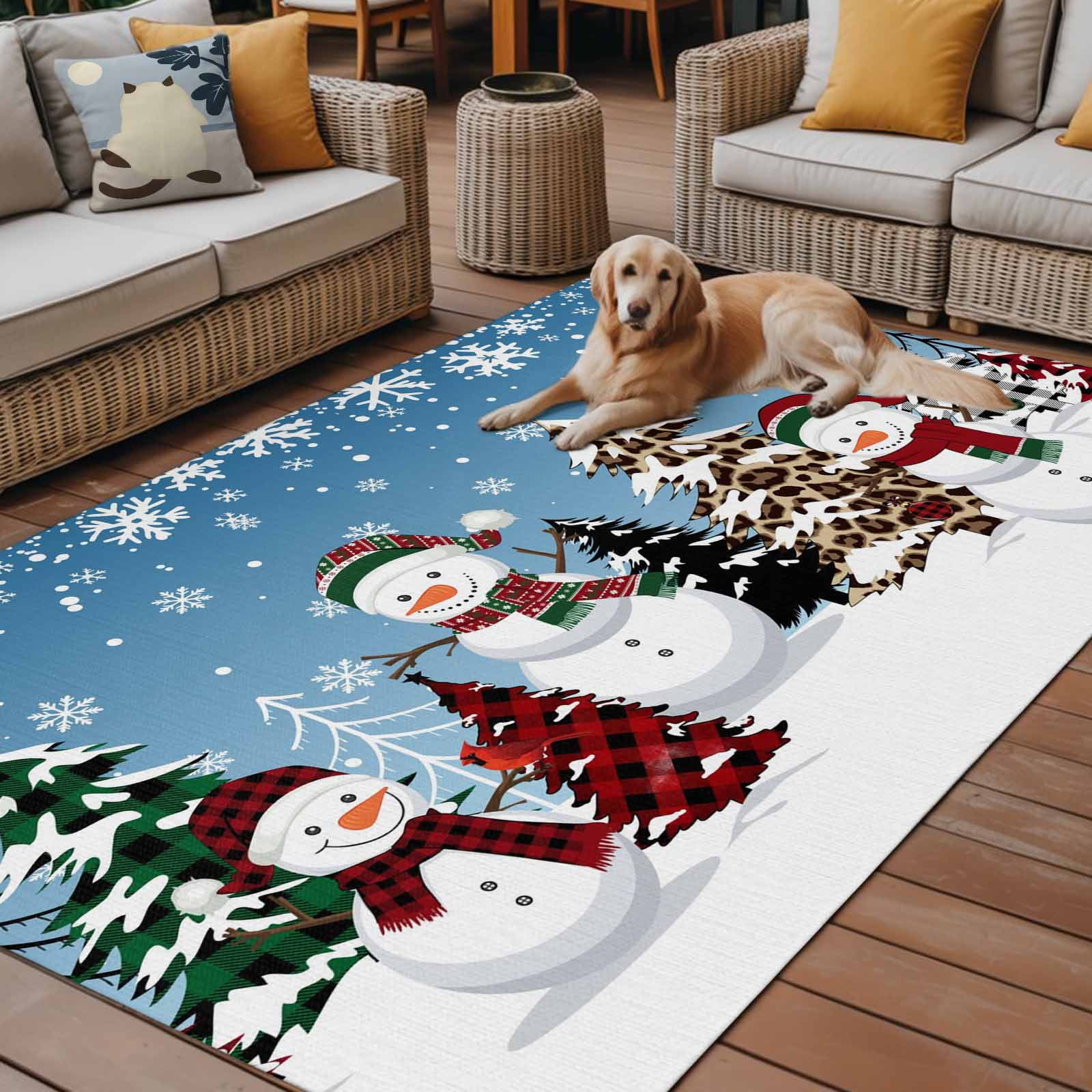 Fsddascl Christmas Snowman Blue Outdoor Rug for Patio/Deck/Porch, Non-Slip Large Area Rug 5 x 8 Ft, Xmas Tree Snowflake Indoor Outdoor Rugs Washable Area Rugs, Reversible Camping Rug Carpet Runner
