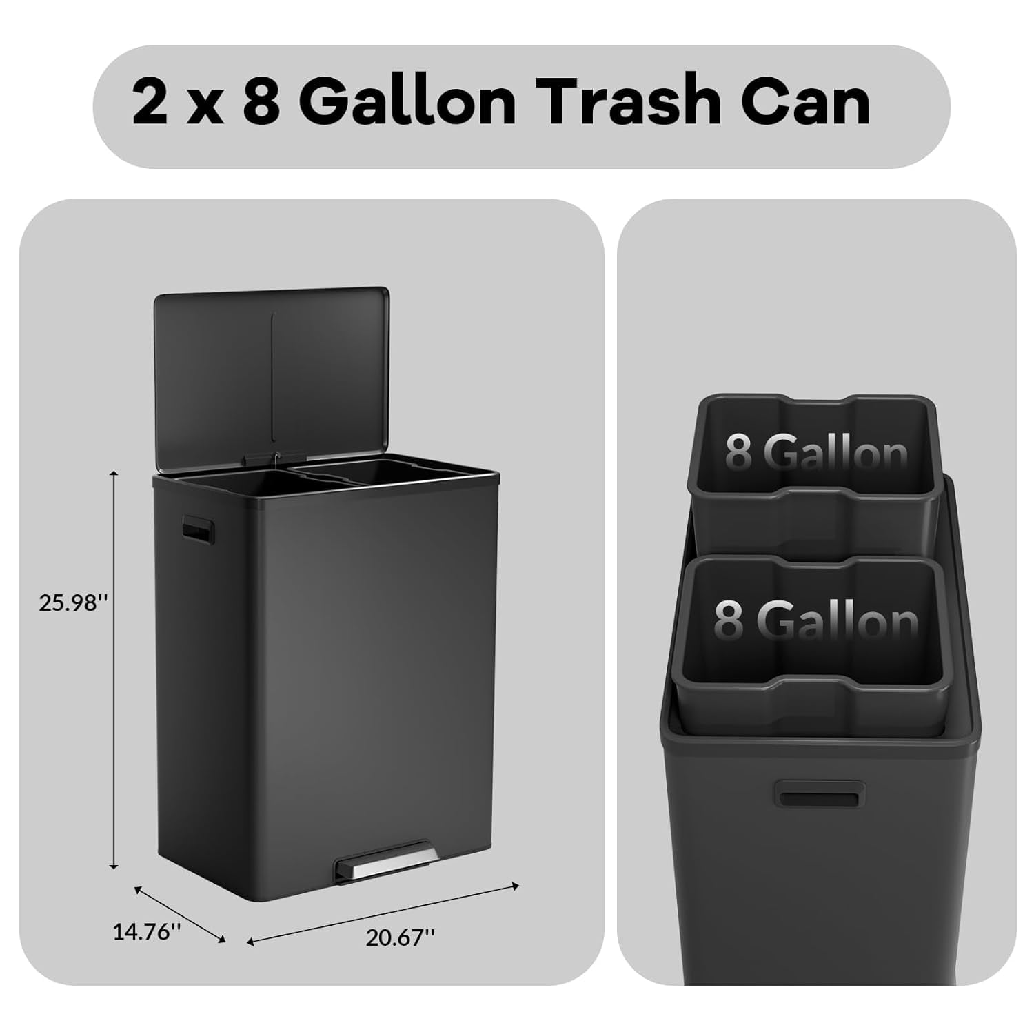 16 Gallon Kitchen Trash Can, 30L+30L Step Dual Recycling Bin with 2 Removable Barrel, Wide Step Pedal, Soft Close Lid, Large Stainless Steel Garbage Can for Home and Office