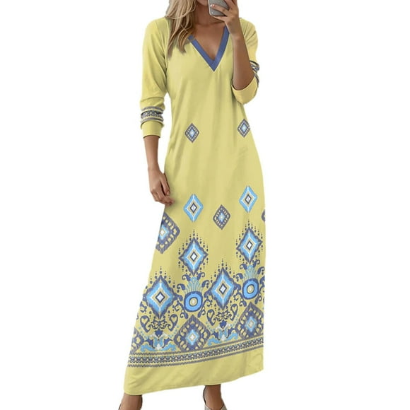 TJAZFJPA Tshirt Dress Long Sleeve Maxi Fall Dress for Women V Neck Floral Casual Long Dresses Evening Beach Wedding Guest Robe Automne Satin Slip Dress Elegant Dresses for Women