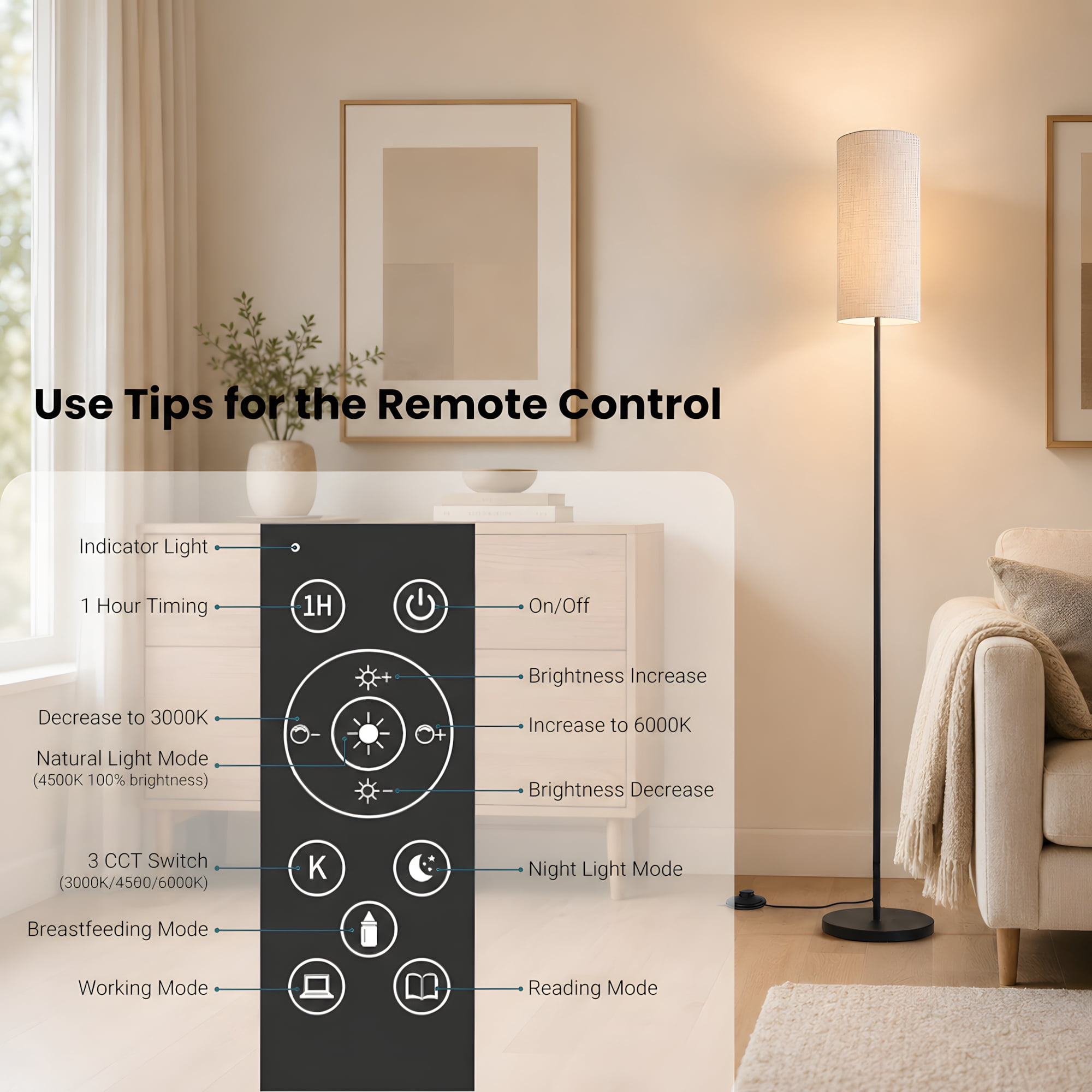 VOLIVO Floor Lamp for Living Room, Dimmable Standing Lamps with Remote Control, 3000K-6000K, 9W LED Bulb Included, for Living Room, Bedroom, Office