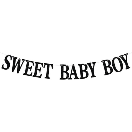 Sweet Baby Boy Banner, Pre-strung Baby Shower/Gender Reveal Decorations, Welcome Baby/It’s A Boy Bunting Sign, Sweet Welcome Baby Boy Baby Shower Party Decoration Supplies, Black Glitter