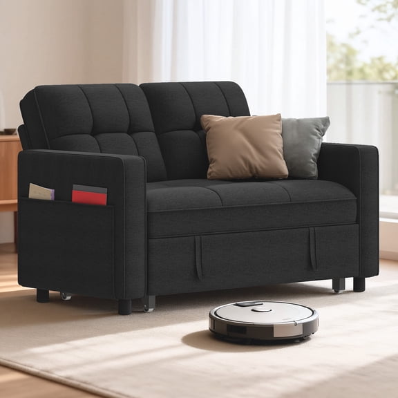 Dextrus 55" Pull Out Sofa Bed, 3-in-1 Convertible Sleeper Loveseat with Adjustable Backrest for Apartment, Black