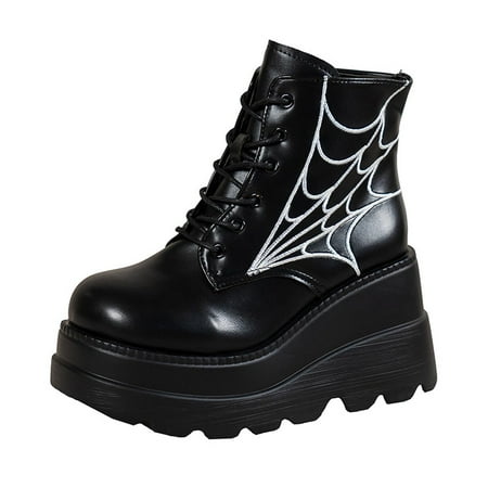 

Womens Boots Boots Women Women Casual Thick Soled Slope Heel Boots Round Head Thick Heel Lace Up Short Shoes Black