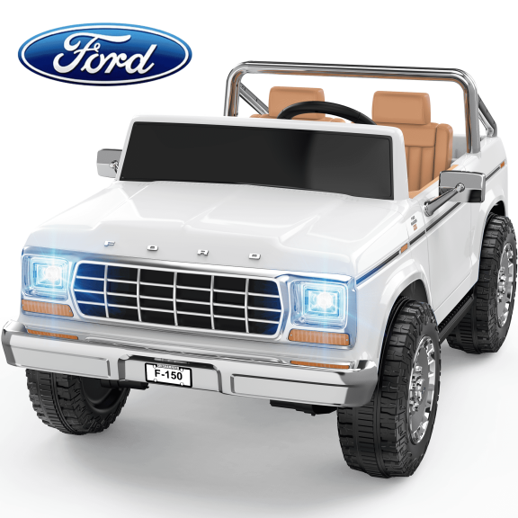 TOKTOO 24V Power Ride on Car for Big Kid, Licensed 1973 Ford F-150 2 Seater 24 Volt Ride on Toy Truck, 24V Ride Ons with 400W Powerful Wheel for Boy Girl, Kids Electric Car with Remote Control, White