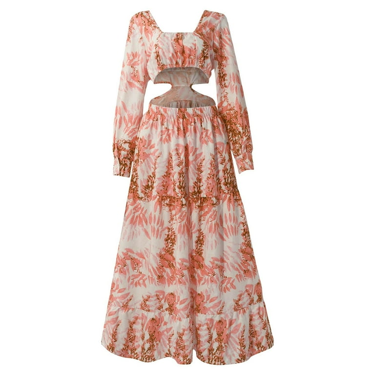 Floral Print Plunge Long Sleeve Maxi Dress