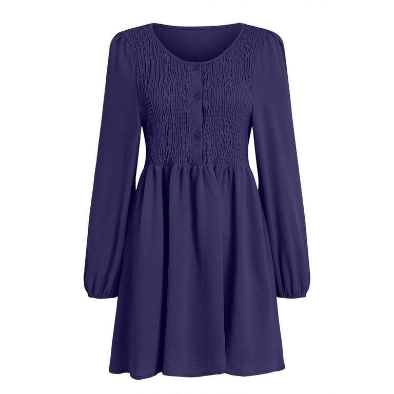 Cathalem Dresses for Women Smocked Crewneck Button up Long Sleeve A-Line  Mini Dress (Navy,S) - Walmart.com
