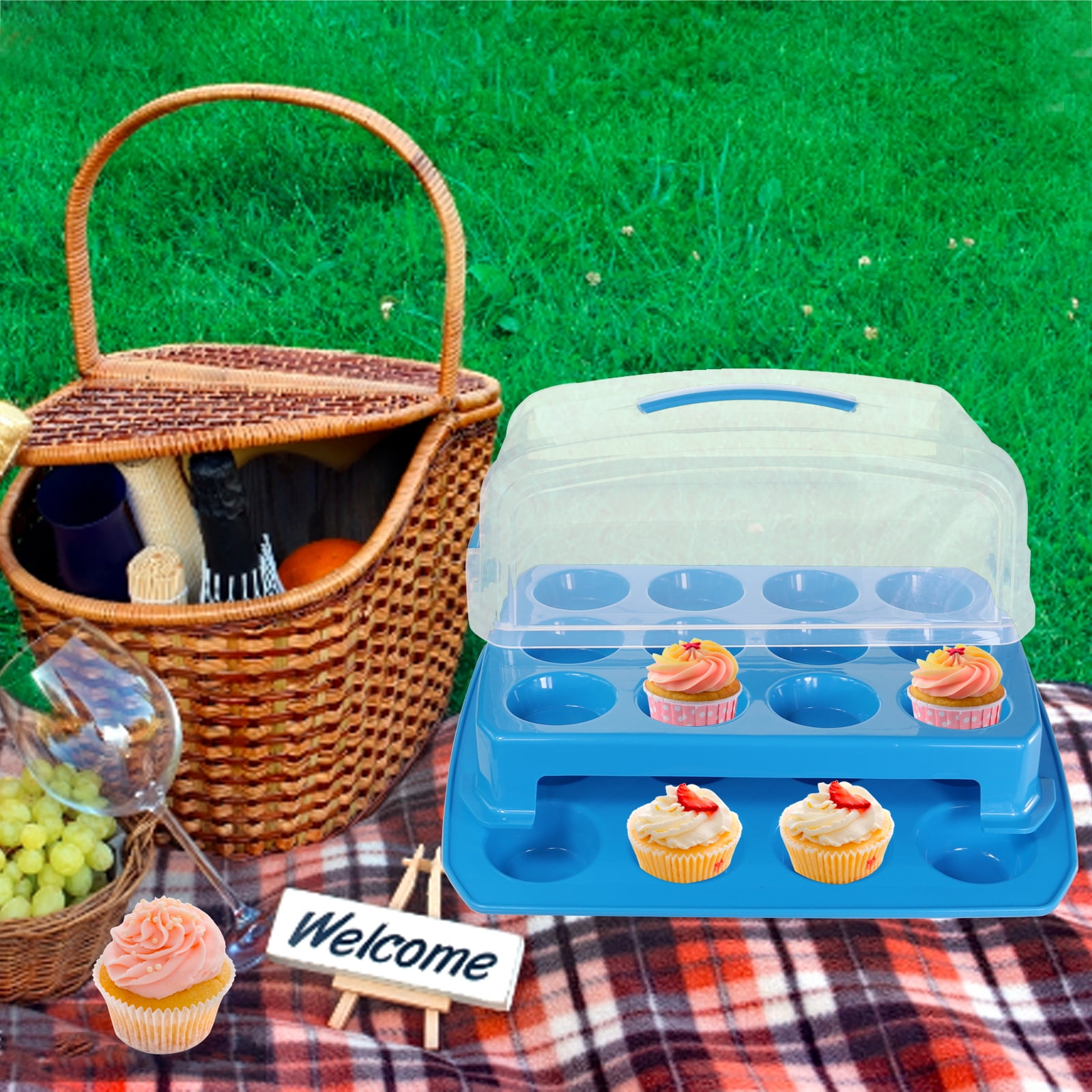 2-layer Portable Cupcake Carrier, Party Cupcake Holder Box with Collapsible Handles for Transports Cupake, Pies, Muffins, Cookies and Other Desserts