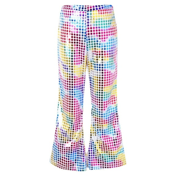 GiLiling Kids Girls Sparkly Sequins Dance Pants, Wide Leg Bell Bottom Flared Trousers for Hip Hop Jazz Disco (Pink, 8-9 Years)