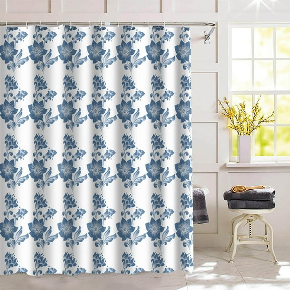 Planially Blue Floral Fabric Shower Curtain 72" X 72" Waterproof Bathroom Decor Curtains with 12 Hooks