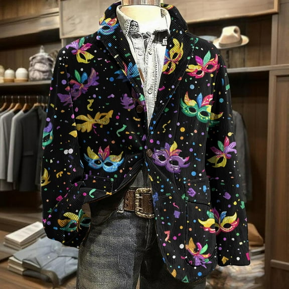 Mens Mar-di Gras Jacket Blazer Corduroy Mask Feather Print Slim Fit 2 Button Holiday Carnival Party Business Office Sport Coat
