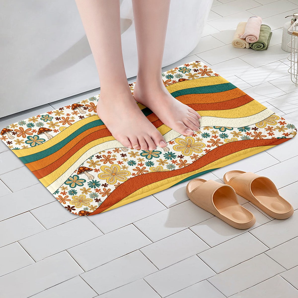 村上隆 Flower Floor Mat Rainbow Ecru beige Amazon.co.jp: フラワーフロアマット Rainbow × Ecru beige 村上