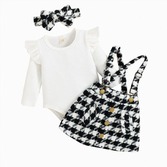 Splozh Fall Baby Girl Outfits Girls Fashion Infant Girls Long Sleeve Ribbed Romper Bodysuit Plaid Prints Suspender Skirts Headbands Outfits,Black,18-24 Months