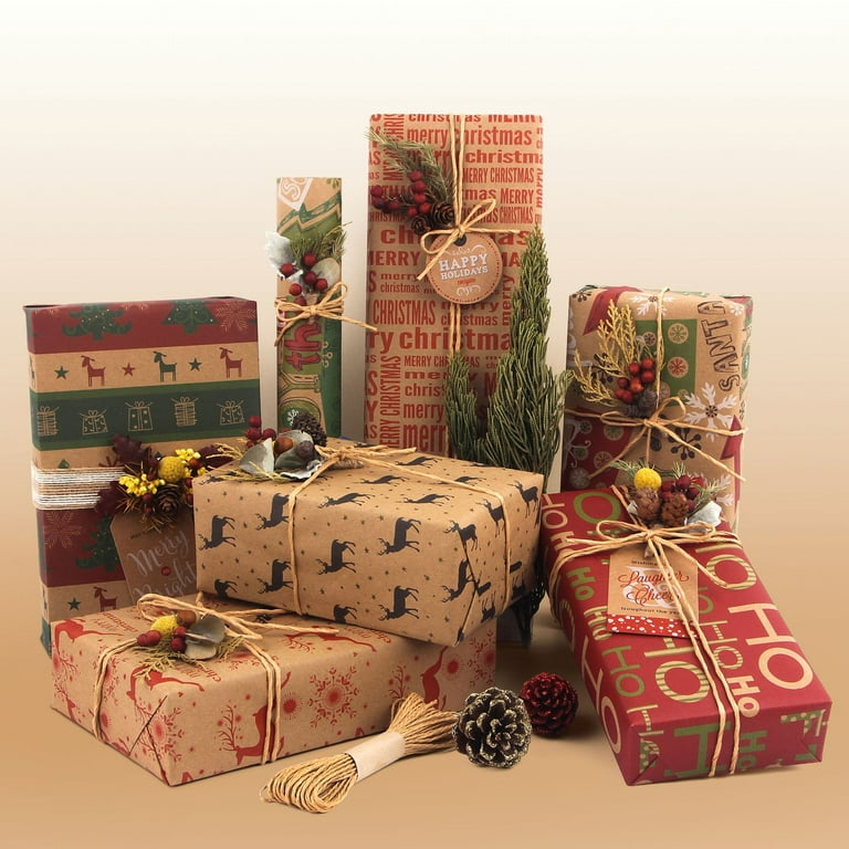 Christmas Wrapping Paper, 6 Styles of Kraft Christmas Wrapping Paper - 6  Rolls - 30 inches x 20 Feet Each 