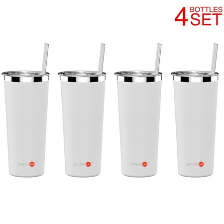 Small White Coffee Cups Holiday Season | 4 Pack SimpleHH Vacuum Insulated Coffee Cup | Double Walled Stainless Steel Tumbler with straw | Travel Flask Mug | No Sweating, Keeps Your Drink Hot & Cold| 22oz(650ml) | White ()