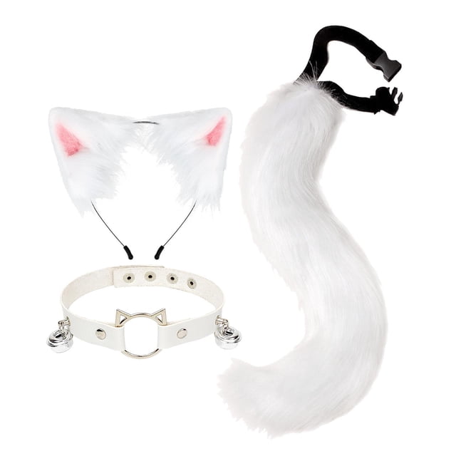 Qarigey 3x conjunto de orejas y cola de zorro de peluche para mujeres y niñas, conjunto de gargantilla con cuello y cuello Disfraces de disfraces blanco