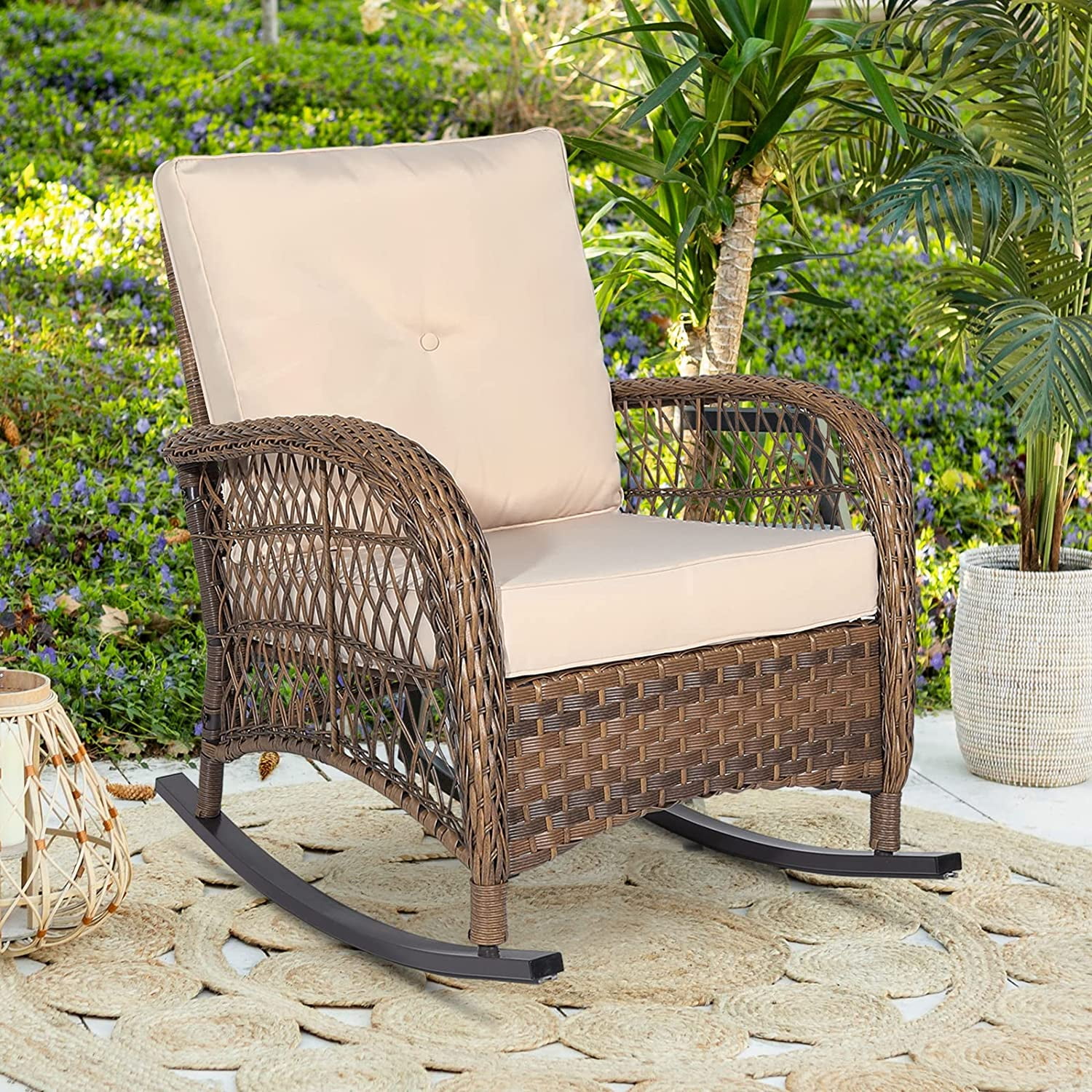 W WARMHOL Outdoor Wicker Rocking Chair with Thickened Cushions, All