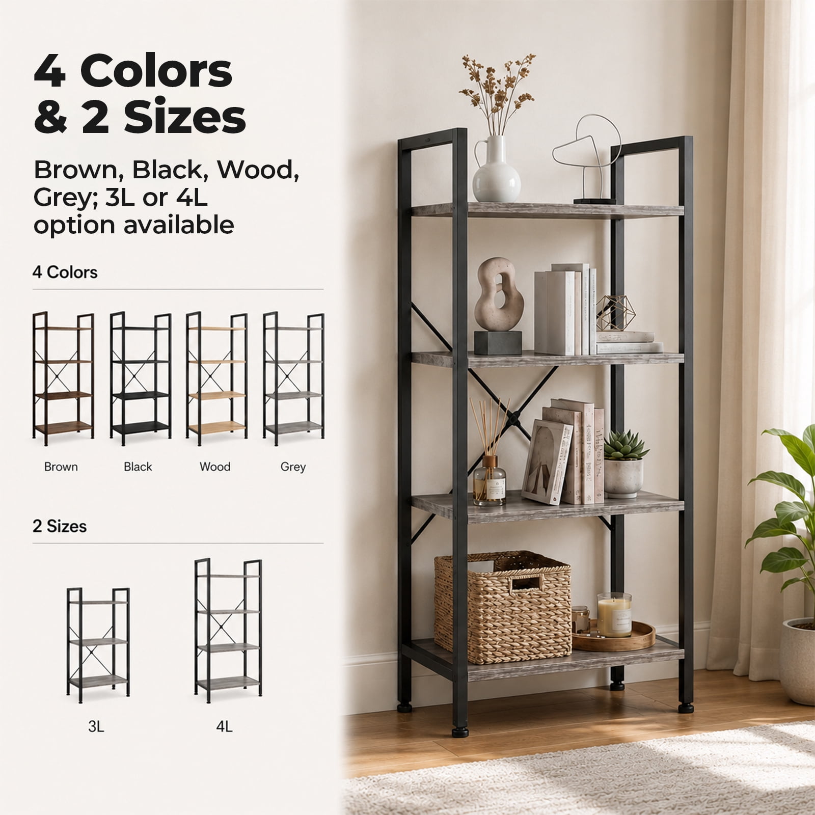 Alvantor 3/4-Tier Industrial Bookshelf, Narrow Storage Rack classical-style shelves for living rooms, homes, and offices