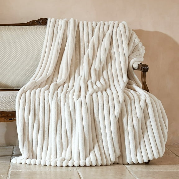 Amelie Home Faux Fur Throw Blanket – Soft Fluffy Striped Plush for Couch or Bed, Ivory 55"x70"