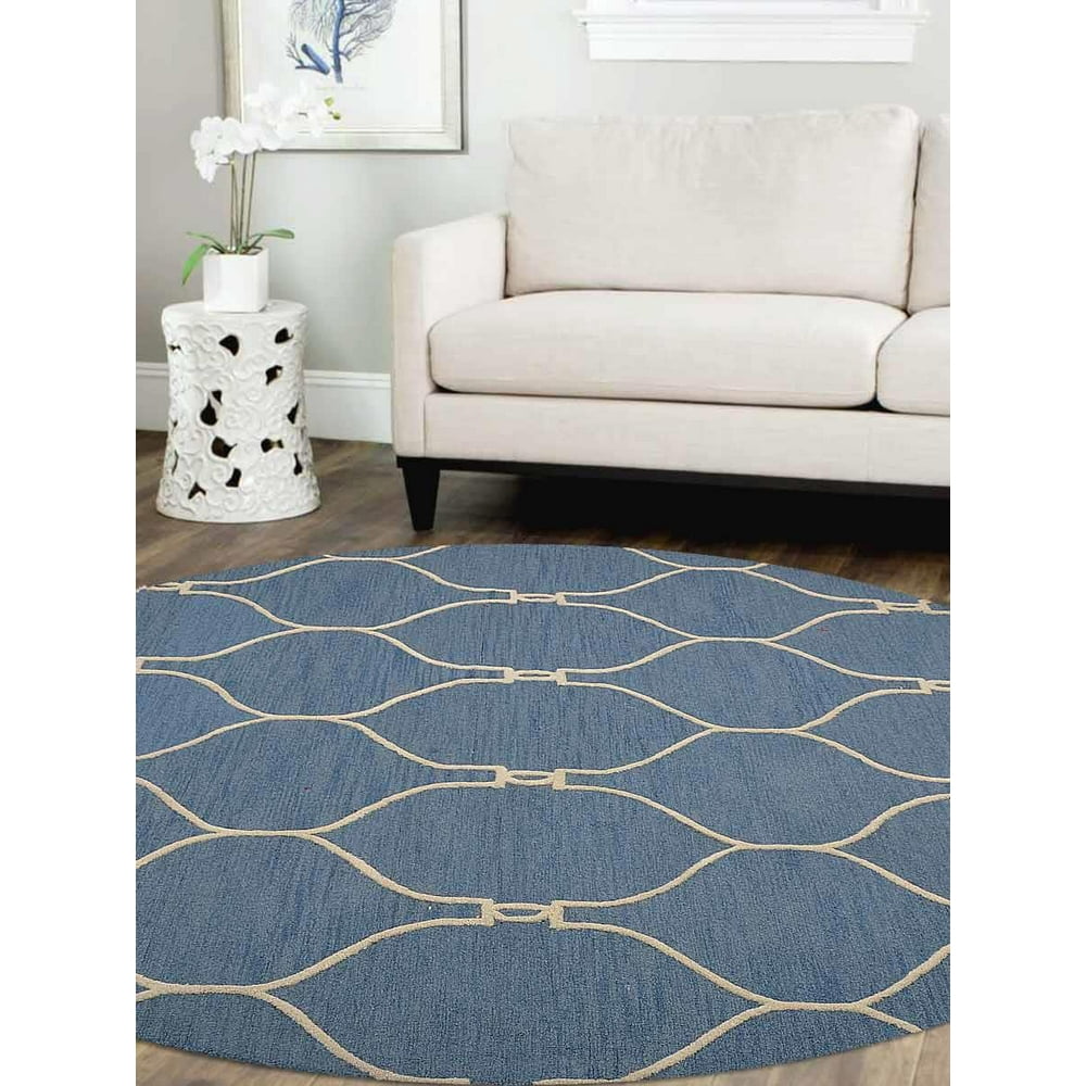 Rugsotic Carpets Hand Tufted Wool 8'x8' Round Area Rug Geometric Blue