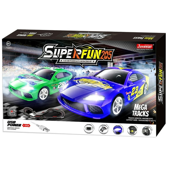 Joysway: SuperFun 205 - 1/43 USB Power Slot Car Racing Set, Layout Size: 77"x37", LED Headlights, Lap Counter, Ages 8