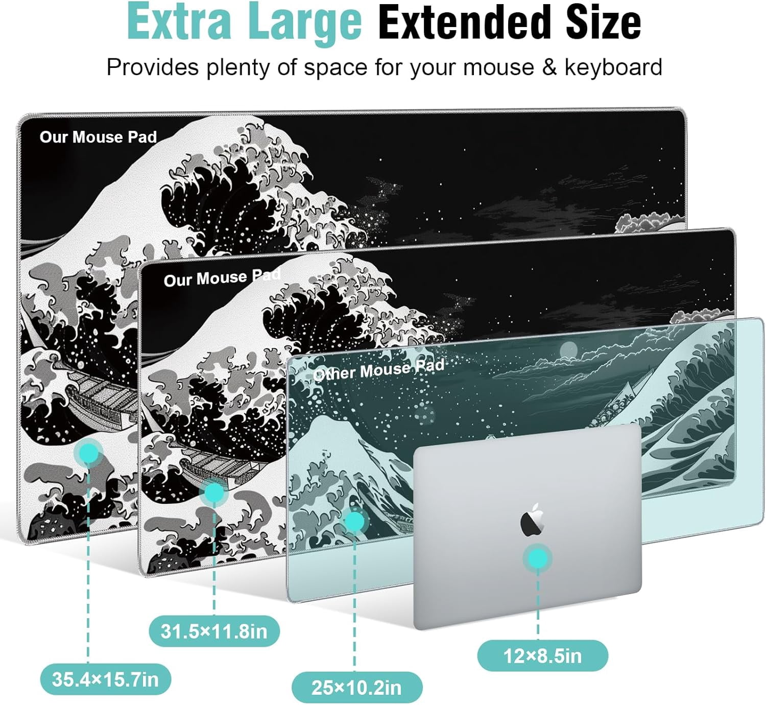 Japanese Sea Wave Gaming Mouse Pad - 31.5x11.8 Inch Kanagawa Black Mat, High-Performance Smooth Precision Fabric, Stable Non-Slip Rubber Base, Ideal for Fluid Control