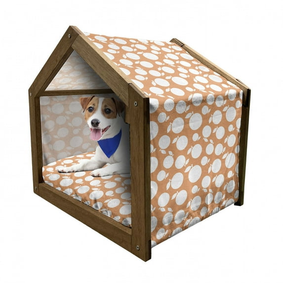 Peach Pet House, Pattern with Silhouette Peaches Tasty Delicious Snacks Theme Illustration, Outdoor & Indoor Portable Dog Kennel with Pillow and Cover, 5 Sizes, Pale Orange and White, by Ambesonne
