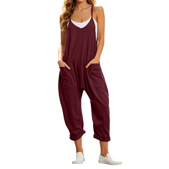 SRZYMJ Women Casual Jumpsuits Summer Sleeveless Loose Jumpsuit Shoulder Strap Adjustable Long Pants Rompers with Pockets
