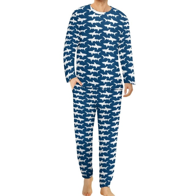 Pijama de tiburón divertido, conjunto de pijama de 2 piezas con estampado de vida marina de manga larga para hombre, ropa de dormir romántica de gran tamaño con gráficos de otoño