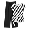 thumbnail image 4 of Women's 2 Piece Casual Outfit Diagonal Striped Asymmetrical Short Sleeve Top with Solid Color Elastic Waist Wide Leg Pants Breathable Daily Matching Set Black XL(XL), 4 of 5