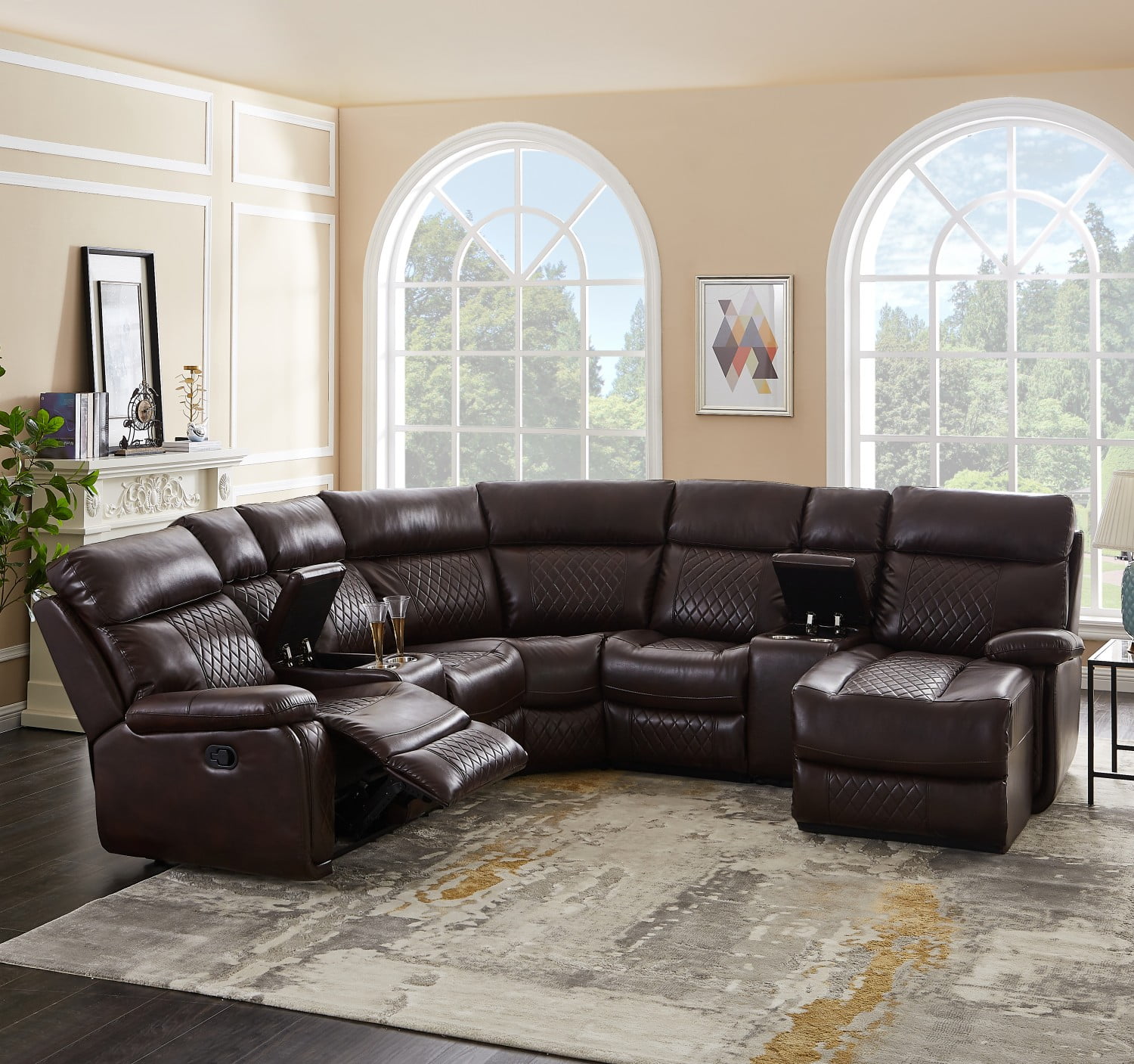 Gewnee Manual Reclining Sectional Sofa with Streamlined Recline Seating, 2 Consoles with Cup Holders, 2 Recliners, Storage Included Sofa Couch for Living Room