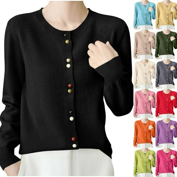BiZtdJrK Womens Cardigan Crew Neck Long Sleeve Button Down Sweaters Solid Open Front Sweater Cardigans Comy Casual Outwear Beige L