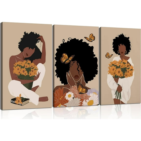 FCCUYE 3Pcs Black Woman Wall Art Boho Black Girl Sunflower Posters Pictures African American Canvas Prints Fashion Flower Art Paintings for Nordic Minimalist Room Bedroom Wall Decor Und