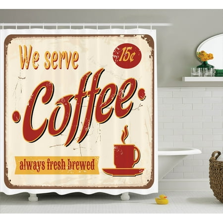 - 1950S Decor Shower Curtain Set, Retro Style Tin Rusty Faded Fresh Brewed Coffee Print From Old Days Fifties Art Work, Bathroom Accessories, 69W X 70L Inches, By Ambesonne